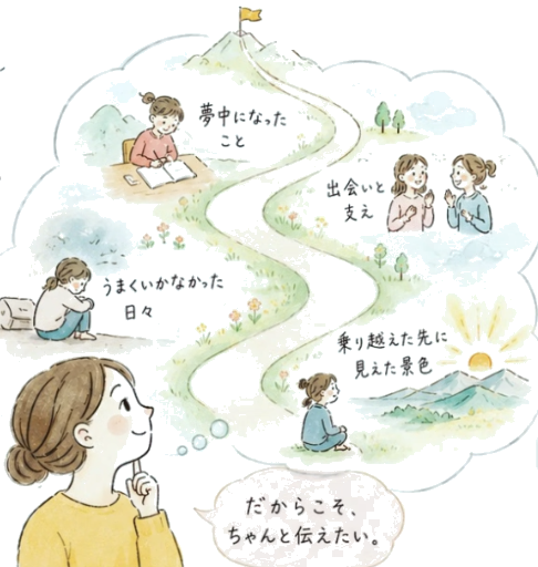 夢中になったこと、うまくいかなかった日々、出会いと支え、乗り越えた先に見えた景色 — これまでの道のりを思い返す女性のイラスト